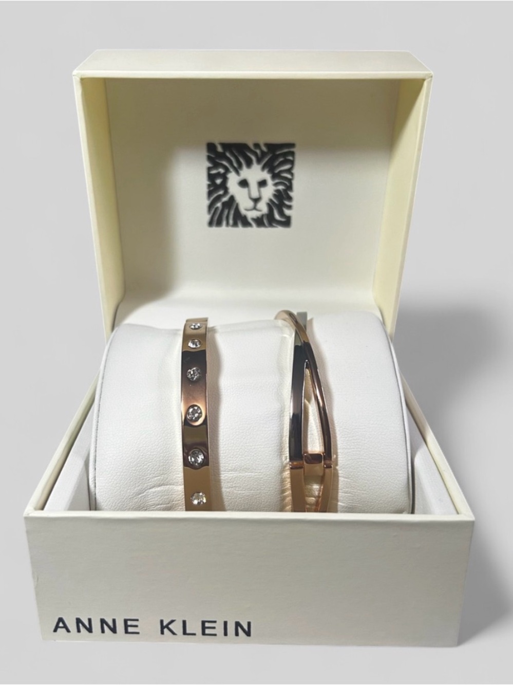 Anne Klein Rose Gold Rhinestone and Cutout Bangle Set